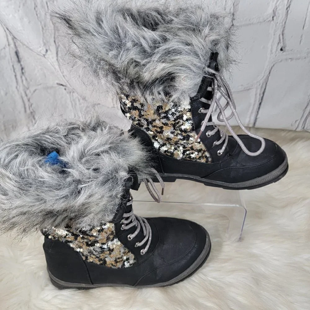 Justice Womens Sz 9 Sequin Snow Boots Faux Fur Vegan Winter Black Casual‎